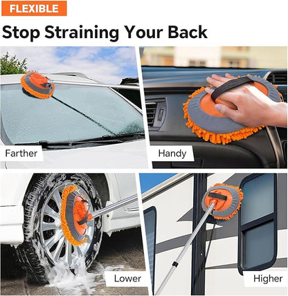 20ft Reach Car Wash Brush with Long Handle-Car Cleaning Kit with 4-12FT Extension Pole, Ultimate RV,Truck Wash Set with Soft Brush, Tire Brush, Window Squeegee, Mitt, Microfiber Cleaning Mop