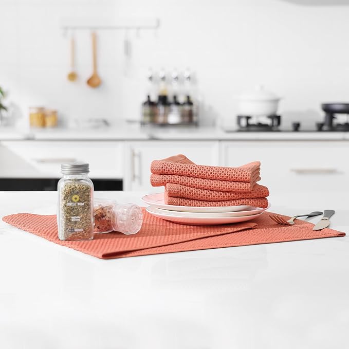Kitinjoy 100% Cotton Waffle Weave Kitchen Towels, 8-Pack Super Soft and Absorbent Dish Towels for Drying Dishes, Kitchen Hand Towels, 13 in x 28 in, Coral