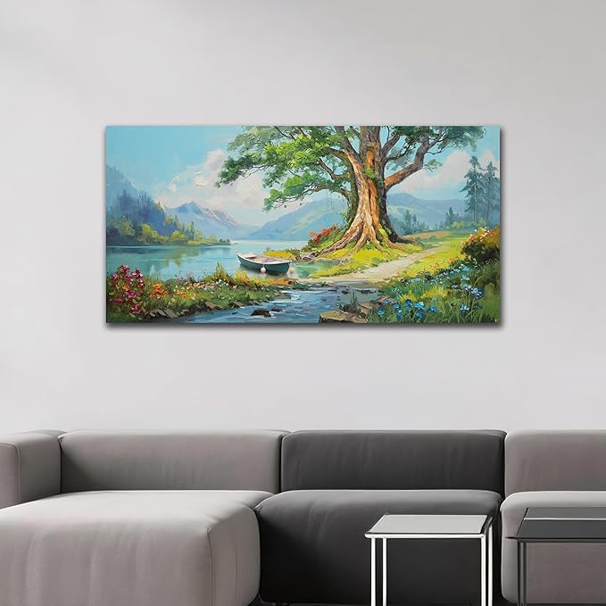 Anolyfi Lake Canvas Wall Art Landscape Painting, Green Tree and Boat Nature Print Wall Art Decor Mountain Artwork Framed for Living Room Bedroom Dining Room Office Home Decor 40"x20"