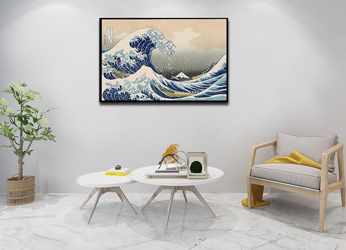 The Great Wave off Kanagawa by Katsushika Hoki Wall Art Decor, Classic Painting Black Framed Seascape Canvas Print Pictures, Modern Japanese Artwork for Bedroom Living Room Decoration - 24"x36"