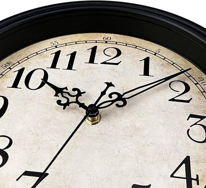 Plumeet Small Retro Wall Clock, 10'' Non Ticking Classic Silent Vintage Wall Clocks Decorative Kitchen Living Room Bedroom - Battery Operated, Black