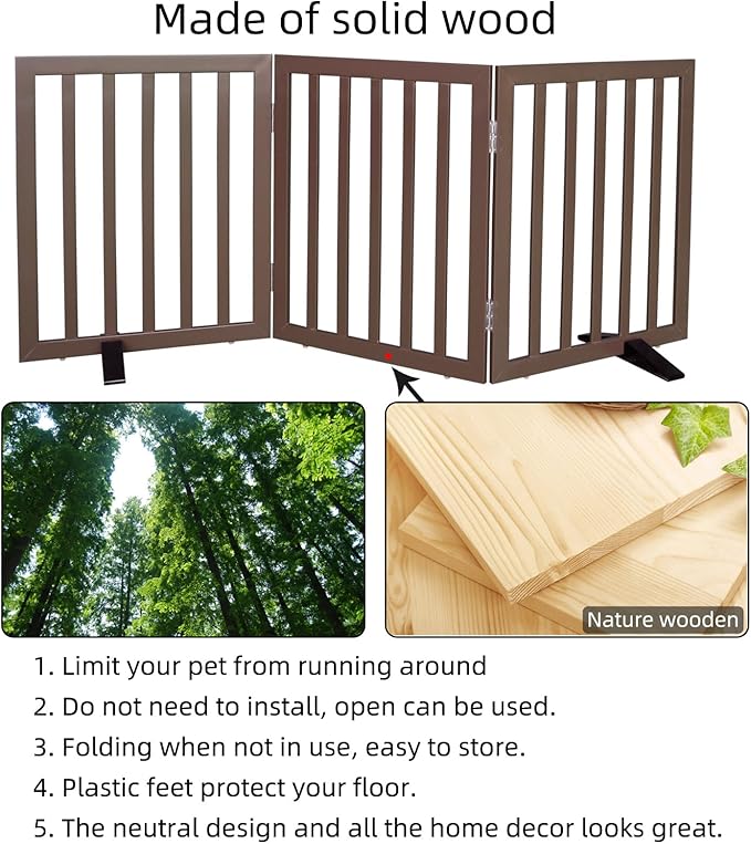 Dog Gate Indoor, Freestanding Dog Fence for The House, Doorways, Hallways,or Stairs,Pet Gate Foldable Wooden,Expandable 32" Height 3 Panels,Brown