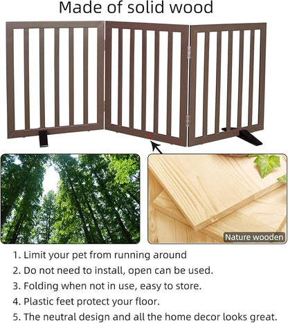 Dog Gate Indoor, Freestanding Dog Fence for The House, Doorways, Hallways,or Stairs,Pet Gate Foldable Wooden,Expandable 32" Height 3 Panels,Brown