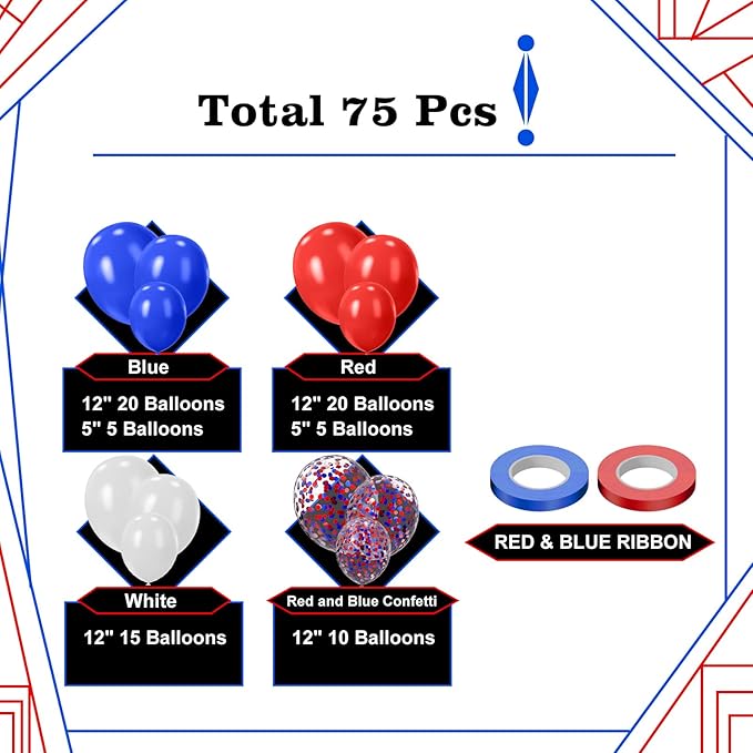 Red White and Blue Balloons, 75PCS Blue and Red Latex Party Balloons,12in and 5in Fourth of July Balloons for Celebrate Fourth of July Decoration