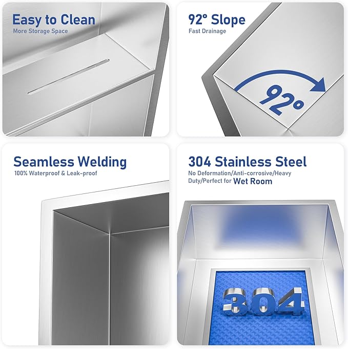 Stainless Steel Shower Niche 30" X 12" Brushed with 3-Tier Shelves No Tile Needed Niche Shower for Bathroom Storage Recessed Shower Shelf
