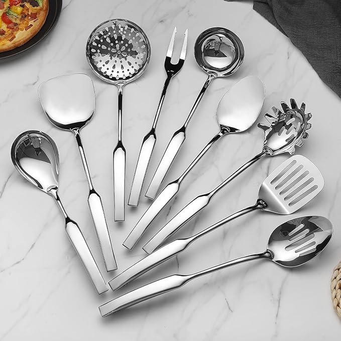 304 Stainless Steel Kitchen Utensils Set 9 Pcs Cooking Utensil Set, 15 Inches All Metal Cooking Tools Wok Kitchen Cookware Set with Spatula Useful Pots and Pans Accessories