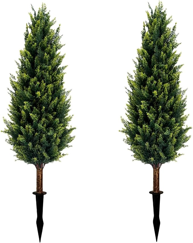 3FT Artificial Cedar Topiary Trees with Ground Spike Set of 2, UV Resistant Artificial Bushes Faux Cypress Trees for Indoor Outdoor Home Garden, Yard, Porch, Patio Decor (Normal)