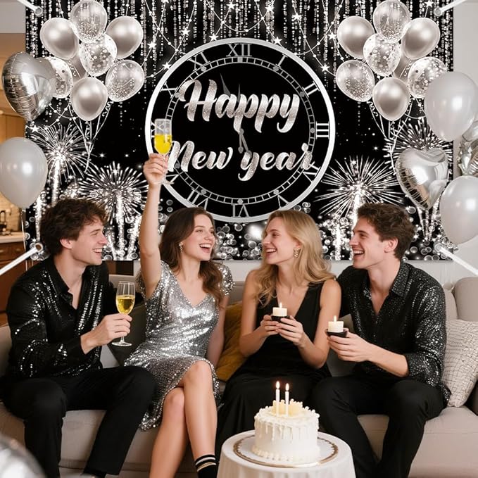 MEHOFOND Happy New Year Backdrop 2026 New Year Party Decorations Banner Black and Sliver Happy New Year's Eve Banner Sliver Balloons Glitter New Years Backdrop 6x3.6ft