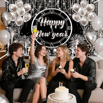 MEHOFOND Happy New Year Backdrop 2026 New Year Party Decorations Banner Black and Sliver Happy New Year's Eve Banner Sliver Balloons Glitter New Years Backdrop 6x3.6ft