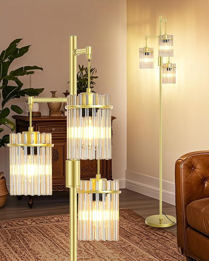 Industrial Modern Floor Lamps for Living Room, Dimmable Glass Tree Standing Tall Lamps with 3 Elegant Teardrop Cage Head & 800 Lumens LED Bulbs for Bedroom Office (65inch Tall)