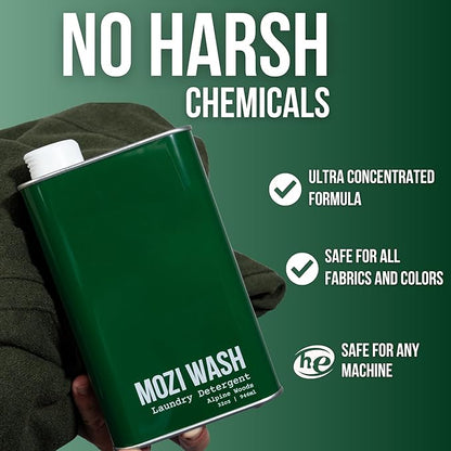 Mozi Wash Laundry Detergent Liquid, Alpine Woods- Sandalwood, Pine & Patchouli, 50+ Loads, Concentrated, Non toxic, Plant Based Enzyme Cleaners, Long Lasting Luxury Clean, Cologne Soap for Men, 32 oz