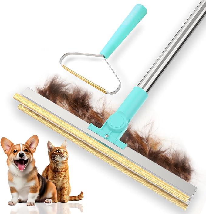 Carpet Rake for Pet Hair Removal - Reusable with Adjustable Long Handle, Dog & Cat Fur Brush & Scraper for Rugs, Floor Mats, Couches, Furniture and Car Interiors