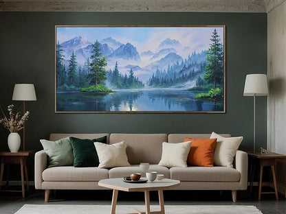 Ardemy Lake Canvas Wall Art for Living Room Large Framed Teal Landscape Pictures Bedroom Wall Decor Textured Misty Forest Scenery Paintings Artwork for Walls Home Office, 58"x29"