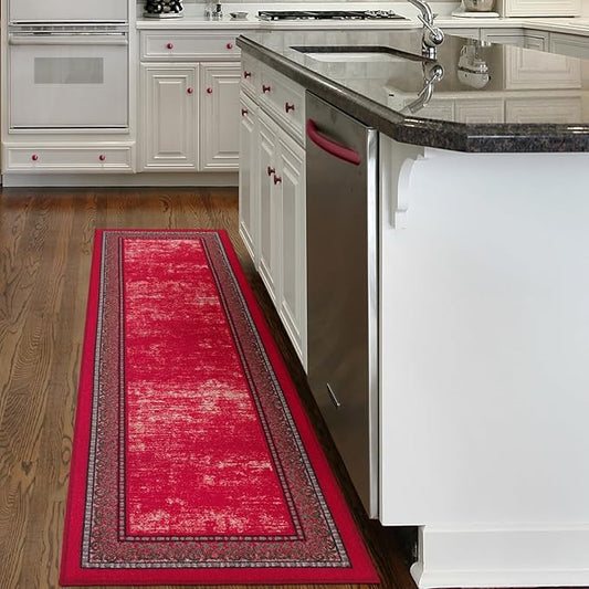 Antep Rugs Alfombras Bordered Modern 2x5 Non-Slip (Non-Skid) Low Pile Rubber Backing Kitchen Area Runner Rug (Red, 2' x 5')