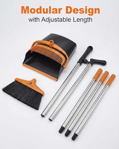 Broom and Dustpan Set Upright Standing Sweeper with Long Handle Folding Dust Pan with Built-in Teeth Comb Indoor & Outdoor Cleaning Compact Storage Broom Dustpan Combo Set