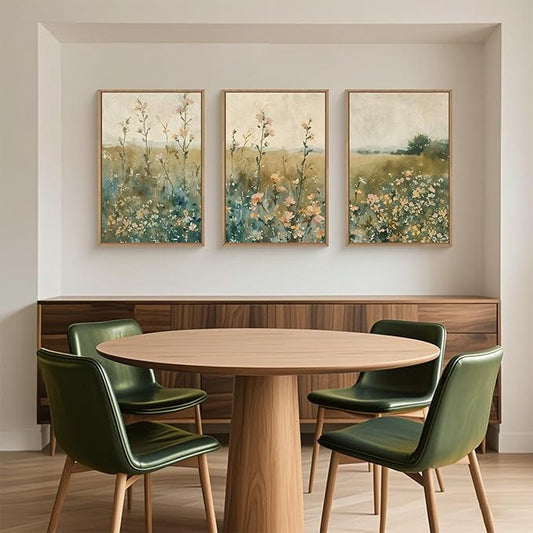 HLNIUC Vintage Watercolor Wildflower Landscape 3 Piece Wall Art Framed, Large Retro Floral Wall Decor(16x24), Nature Wilderness Farmhouse Rustic Field Canvas Painting for Living Room, Bedroom, Office