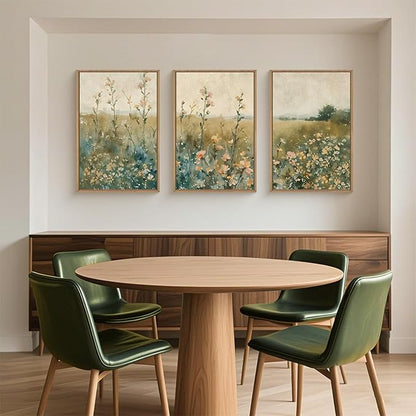 HLNIUC Vintage Watercolor Wildflower Landscape 3 Piece Wall Art Framed, Large Retro Floral Wall Decor(24x36), Nature Wilderness Farmhouse Rustic Field Canvas Painting for Living Room, Bedroom, Office