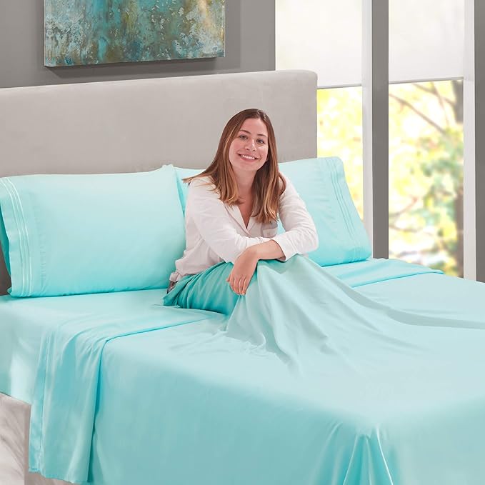 Nestl Full XL Sheet Set - Luxury 1800 Ultra-Soft Microfiber Full Extra Long Bed Sheets - Double Brushed - Deep Pockets - Easy Fit - 4 Piece Set - Bedding Sheets & Pillowcases (Full XL, Light Blue)