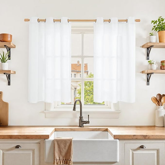 YoungsTex 40 Inches Long Short White Linen Curtains for Kitchen Cafe Window, Semi Sheer Drapes with Bronze Grommet Light Filtering for Bedroom Bathroom, 2 Panels, 42 X 40 Inch