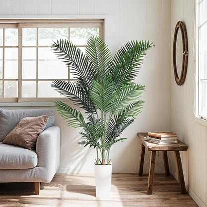 Artificial Areca Palm Tree 7FT Fake Potted Plant Faux Silk Tropical Areca Palm Real Bark Design, Large Artificial Plant in Tall White Pot for Home Living Room House Warming Floor Decor