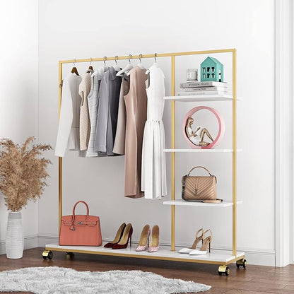 Metal Gold Clothing Rack for Boutique Use, Heavy Duty Garment Rack with Shelves for Retail Display (59L inches)