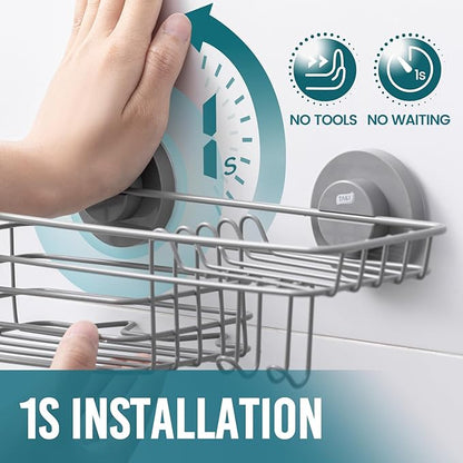 TAILI Shower Caddy Suction Cup with Hooks & Soap holder, Heavy Duty Bathroom Shower Organizer, No Drilling Shower Shelves for Inside bathroom, Metal Storage Basket-Grey