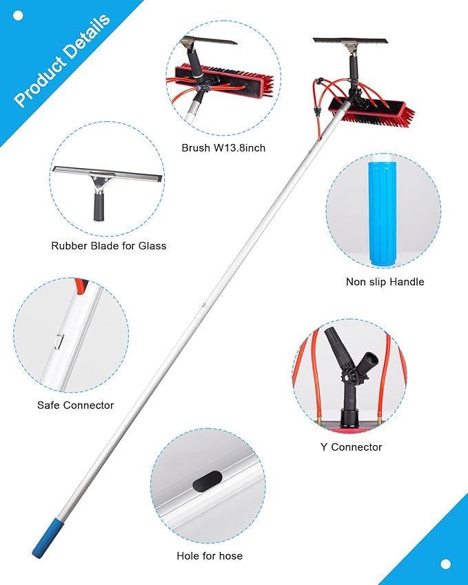 26ft Solar Panel Cleaning Brush & Squeegee, 2 Dusting Brush, Lightweight & Extendable Poles, Water Fed Poles Kit for Roof Window Greenhouse