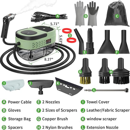 Handheld Steam Cleaner for Home, 2500W High Temperature Pressurized Machine, 1.6L Water Tank, Handle-Controlled Steam Output, Portable Cleaning Steamer for Car, Bed Bugs, Furniture, Grout (Green)