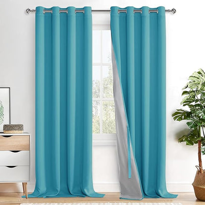 XWZO 100% Blackout Curtain Panels - Extra Long Thermal Insulated Black Liner Curtains, Noise Reducing and Heat Blocking Drapes for Bedroom with Tiebacks, Turquoise, W52 x L108, Set of 2