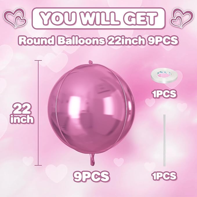 Pink Round Foil Balloons 9 pcs,Pink Giant 4D Round Balloons 22 Inch for Wedding Anniversary Valentine's Birthday Party Decorations