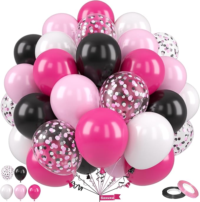 Pink and Black Balloons, 12 Inch Pink Black Balloons, Hot Pink White Pastel Confetti Latex Balloon for Girls Birthday Baby Shower Wedding Bridal Shower Party Decorations