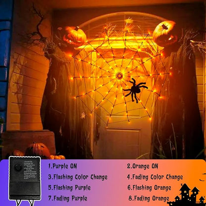 Vanthylit Halloween Decorations, Spider Web Lights for Home, 4FT 84LED Light Up Spiderweb with Black Spider, Halloween Lights for Haunted Window Room Indoor Outdoor Decorations (Orange & Purple)