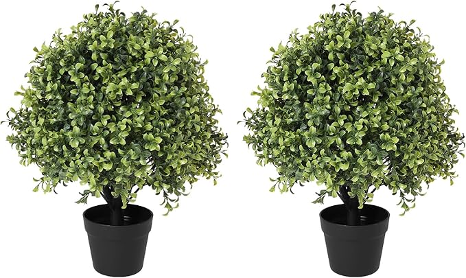 THE BLOOM TIMES 2ft Faux Boxwood Plants Outdoor Set of 2, 24" Tall UV-Resistant Artificial Evergreen Topiary Ball, Fake Potted Greenery Bushes & Shrubs for Front Porch Planter, Patio Outside Decor