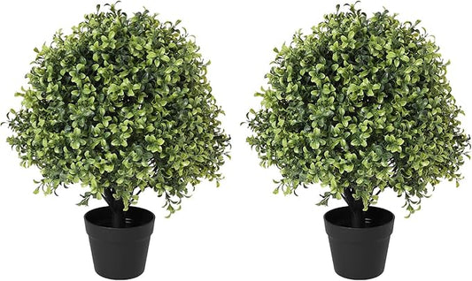 THE BLOOM TIMES 2ft Faux Boxwood Plants Outdoor Set of 2, 24" Tall UV-Resistant Artificial Evergreen Topiary Ball, Fake Potted Greenery Bushes & Shrubs for Front Porch Planter, Patio Outside Decor