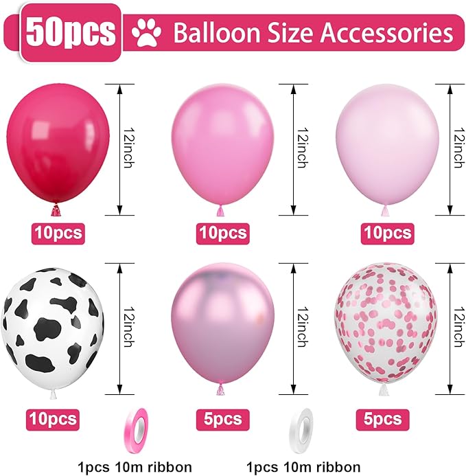 Pink Cow Balloons, 12Inch 50pcs Hot Pink Cow Balloons with Confetti Balloon for Girl Bithday Baby Shower Party Farm Animal Themed Party Decor