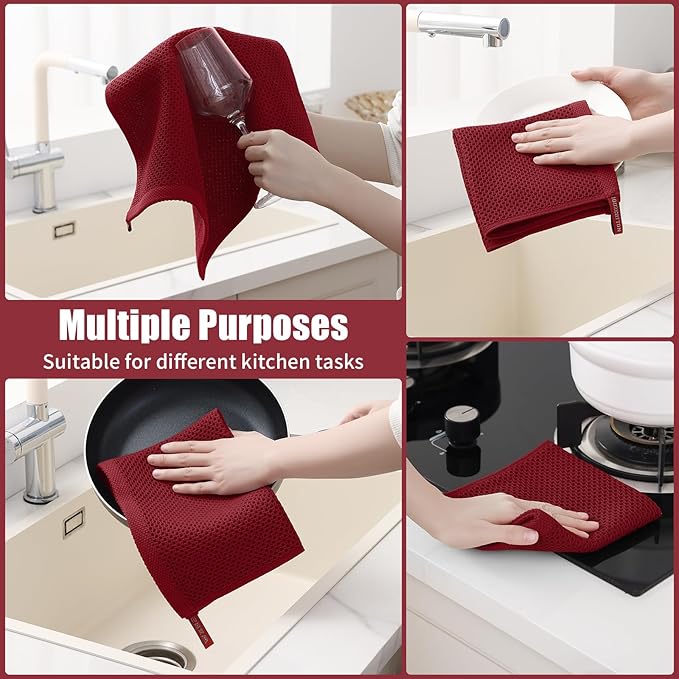 Kitinjoy 100% Cotton Kitchen Towels and Dishcloths Set, 8 Pack Waffle Weave Dish Towels Ultra Soft Absorbent Quick Drying Dish Rags, 13 x 28 Inch and 12 X 12 Inch, Burgundy