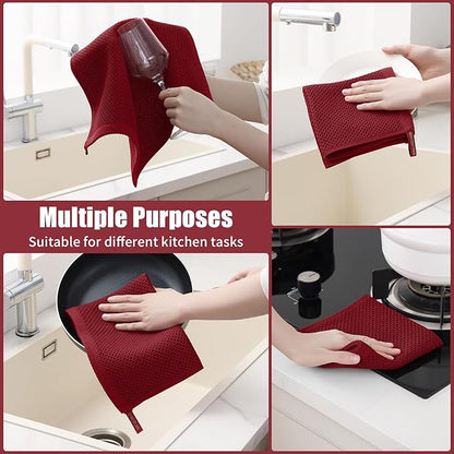 Kitinjoy 100% Cotton Kitchen Towels and Dishcloths Set, 8 Pack Waffle Weave Dish Towels Ultra Soft Absorbent Quick Drying Dish Rags, 13 x 28 Inch and 12 X 12 Inch, Burgundy
