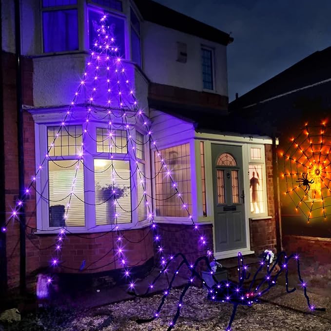 EAMBRITE Giant Spider Web Lights Halloween Decorations Outdoor with 135 LED Purple & Orange Lights, 17Ft Outside Huge Lighted Black Spider Web Halloween Light for Yard Party Haunted House Decor