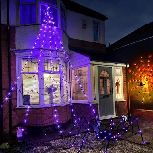 EAMBRITE Giant Spider Web Lights Halloween Decorations Outdoor with 135 LED Purple & Orange Lights, 17Ft Outside Huge Lighted Black Spider Web Halloween Light for Yard Party Haunted House Decor