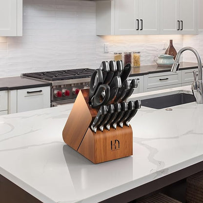 Knife Set, 15 Pcs Kitchen Knife Block Set, Enduring Razor-Sharp Japanese High Carbon Stainless Steel Chef Knife Set with Block and Sharpener, Premium Knives Set for Kitchen, Black Acacia