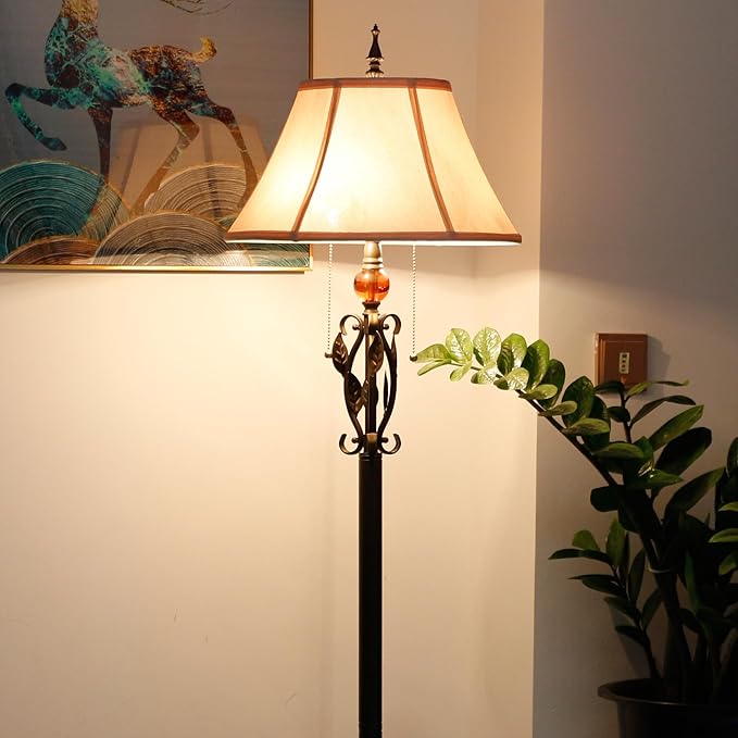 Farmhouse Mid-Century White Fabric Floor Lamp with Metal Leaf Resin Base 70 Inch Height Decor for Office Bedroom Living Room