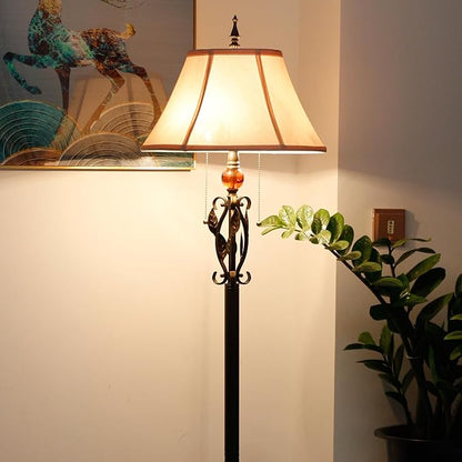Farmhouse Mid-Century White Fabric Floor Lamp with Metal Leaf Resin Base 70 Inch Height Decor for Office Bedroom Living Room