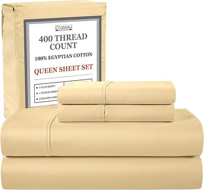 400 Thread Count Queen Cotton Sheet Set, 15" Deep Pocket Queen Sheet Set, Luxury Sateen Weave 4 Piece Naturally Cool Soft Breathable Elasticated Luxury Bedding For All Seasons- Semolina