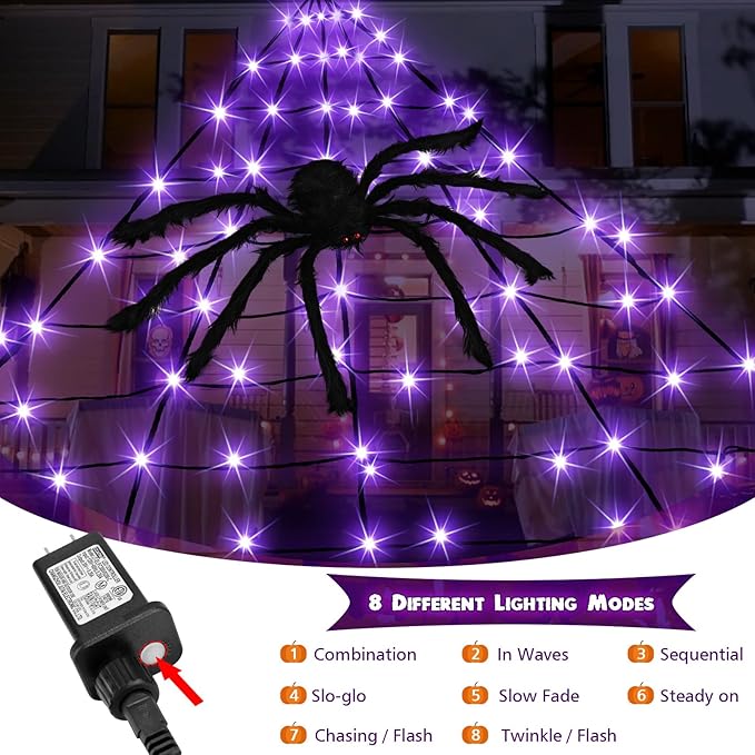 Halloween Decorations Outdoor, Halloween Spider Web Lights, 19.7FT 250 Purple LED Large Spiders Web with Plush Artificial Spider, 8 Light Modes Waterproof Lighted Decor for Yard, Haunted House