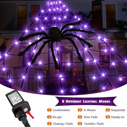 Halloween Decorations Outdoor, Halloween Spider Web Lights, 19.7FT 250 Purple LED Large Spiders Web with Plush Artificial Spider, 8 Light Modes Waterproof Lighted Decor for Yard, Haunted House
