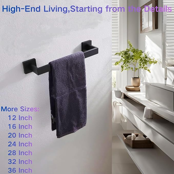 12 Inch Towel Bar for Bathroom 12/16/24/28/32/36 Inch Kitchen Towel Holder Matte Black Towel Rod Wall Mounted SUS304 Rustproof Towel Rack Modern Square Design (1, Matte Black, 12 Inch)