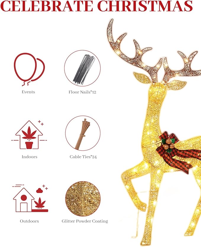 3-Piece Large Lighted Christmas Deer Family Set, Christmas Indoor and Outdoor Decoration with 225 Warm White LED Lights, Ground Pegs, Cable Ties. Suitable for Patio Lawn Garden Party-Cold