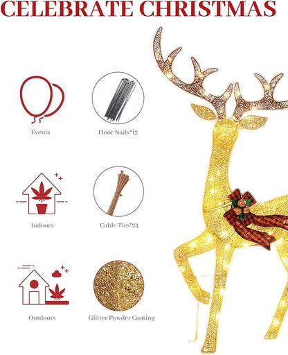 3-Piece Large Lighted Christmas Deer Family Set, Christmas Indoor and Outdoor Decoration with 225 Warm White LED Lights, Ground Pegs, Cable Ties. Suitable for Patio Lawn Garden Party-Cold