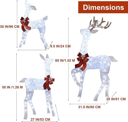 Lulu Home Christmas Yard Decoration, Set of 3 Pre-lit White Reindeer with 265 LEDs White Lights, 3D Light Up Glittered Standing Reindeer Family for Xmas Lighted Holiday Display Indoor Outdoor