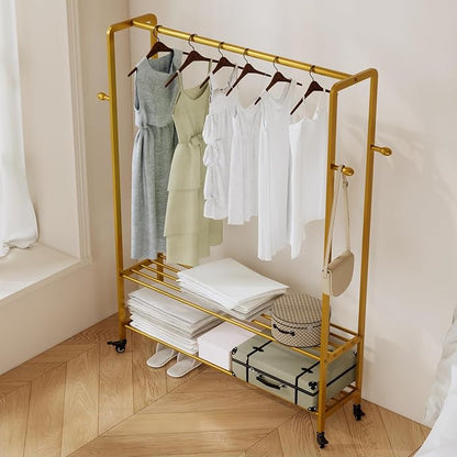 Heavy Duty Clothes Rack, 47.2" Wide Metal Garment Rack,Standing Rolling Clothing Rack for Hanging Clothes with Sturdy Wheels & Shelves,Wardrobe Rack for Coats, Shirts, Dress